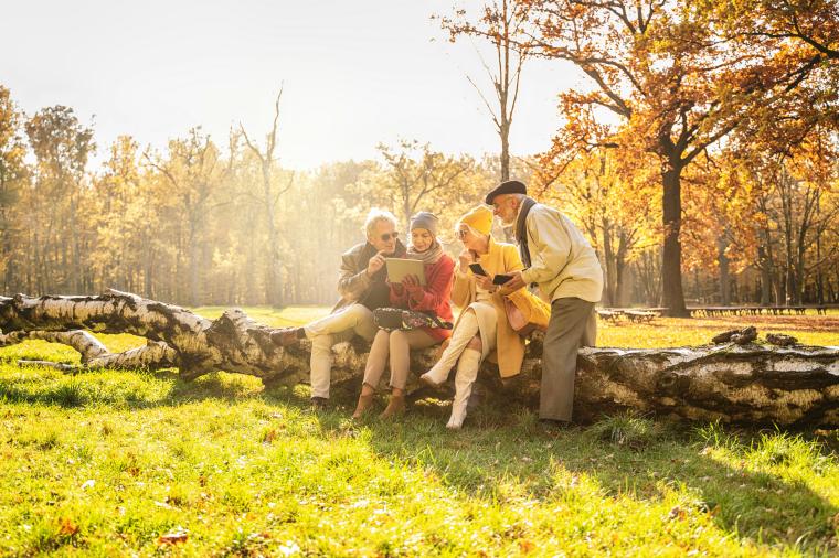 four older people park reviewing smart devices